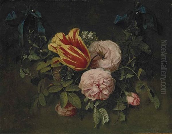 Roses Et Tulipes Tenues Par Un Ruban Oil Painting by Cornelis Kick