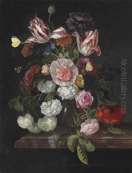 Parrot Tulips, Snowballs, Roses, A Poppy And Other Flowers In A Glass Vase, On A Marble Ledge, With Two Brimstone Butterflies Oil Painting by Cornelis Kick