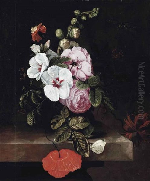 Roses, Poppies, Hollyhocks, A Marigold And Other Flowers In A Glass Jug, With A Dragonfly And A Cabbage White Butterfly On A Stone Ledge Oil Painting by Cornelis Kick