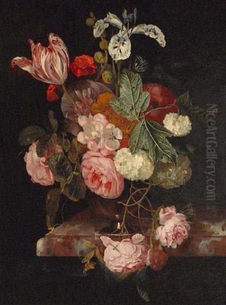 A Still Life With Roses, An Iris, A Tulip And Other Flowers In A Vase Resting On A Ledge Oil Painting by Cornelis Kick