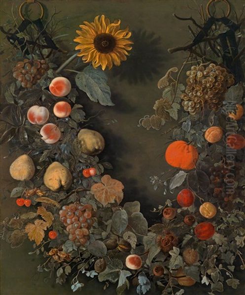 Ein Blumengebinde Mit Einer Sonnenblume Und Fruchten Oil Painting by Cornelis Kick