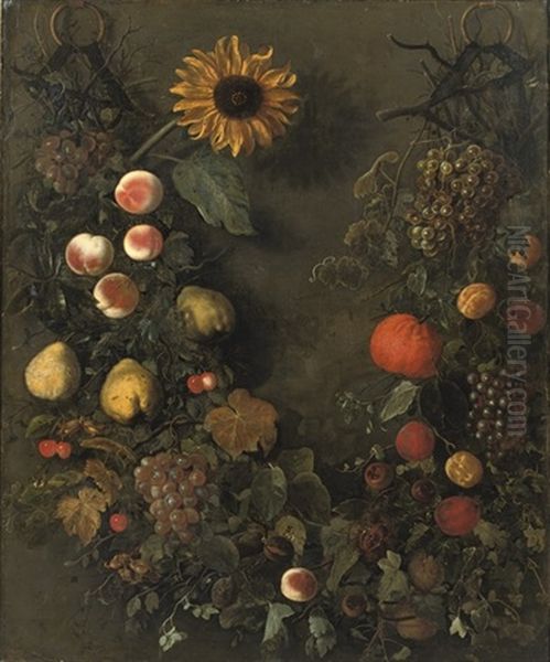 A Fruit Garland With Grapes, Peaches, Mandarins, Cherries, Pears And Other Fruit Oil Painting by Cornelis Kick