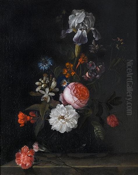 Roses, An Iris, Carnations And Other Flowers In A Glass Vase On A Stone Ledge Oil Painting by Cornelis Kick