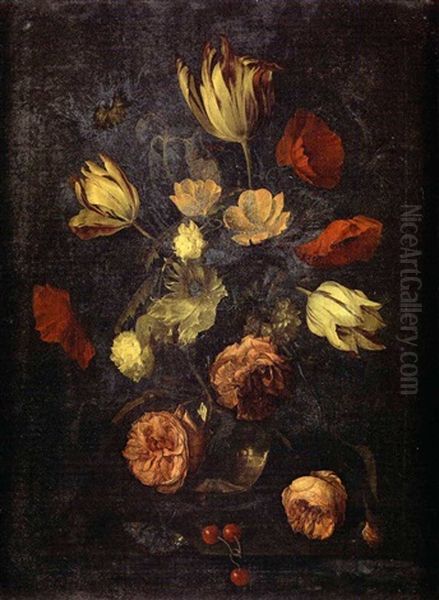 Bouquet De Fleurs Dans Un Vase En Verre Sur Un Entablement by Cornelis Kick