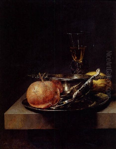 A Still Life Of A Silver Brandy Cup, A Silver Spoon And An Orange On A Pewter Plate, A Wineglass And A Lemon On A Table Oil Painting by Cornelis Kick