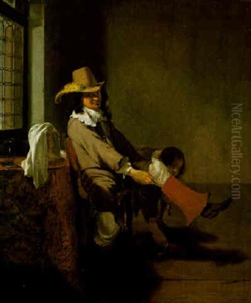 An Officer Pulling On His Boot, While A Manservant Removes His Slippers Oil Painting by Simon Kick