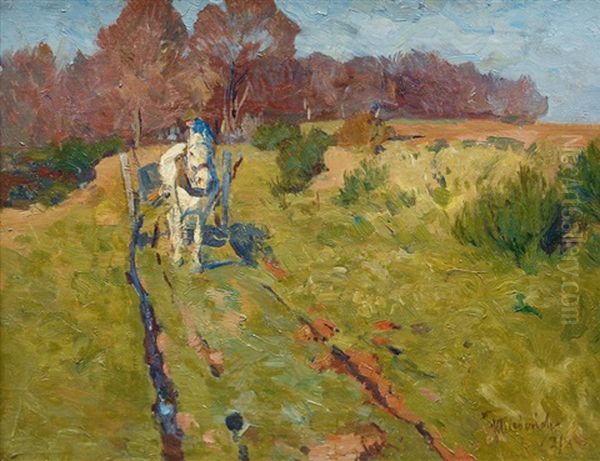 Horse Cart By A Wood Oil Painting by Franz Kiederich