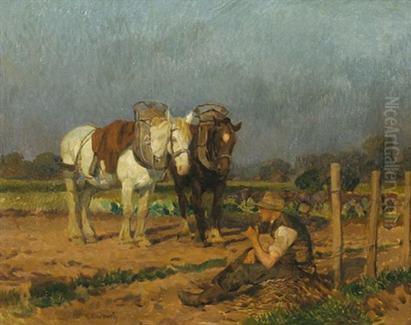 Rastender Bauer Mit Pferdegespann Oil Painting by Franz Kiedrich