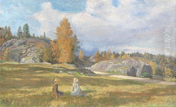 To Piker I En Eng Oil Painting by Kitty (Christine) Lange Kielland