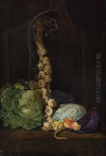 Still Life With Cabbage, Garlic And Apples Oil Painting by Kitty (Christine) Lange Kielland