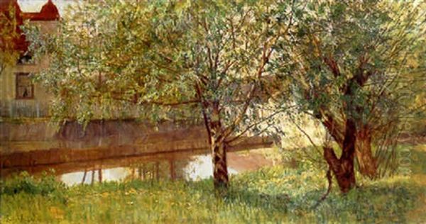 Spring: Houses Along A Canal Oil Painting by Kitty (Christine) Lange Kielland