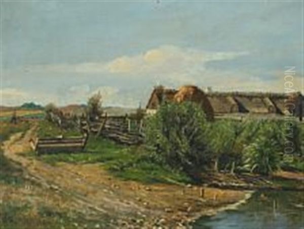 Landscape With Thatched Farm And Peasant With Wheelbarrow Oil Painting by Theodor Julius Kiellerup