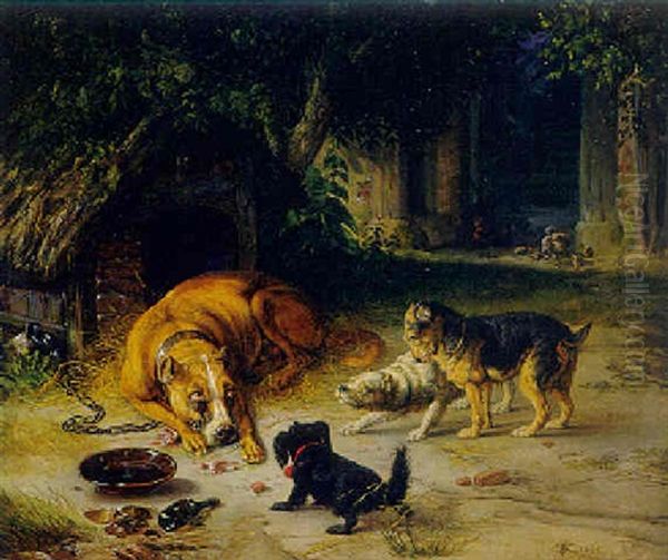 Drei Hunde Neiden Dem Vierten Seinen Knochen Oil Painting by Theodor Julius Kiellerup