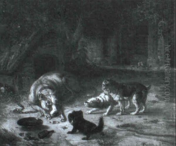 Laenkehund Samt Tre Mindre Hunde I Baggrunden Hans Og Kyllinger Oil Painting by Theodor Julius Kiellerup