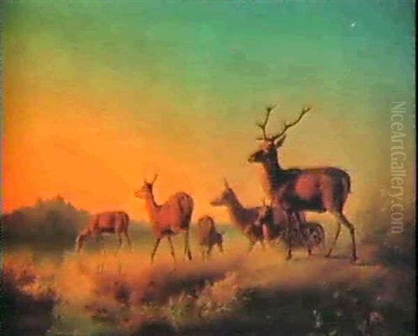 Deer Watering In An Extensive Landscape by Theodor Julius Kiellerup