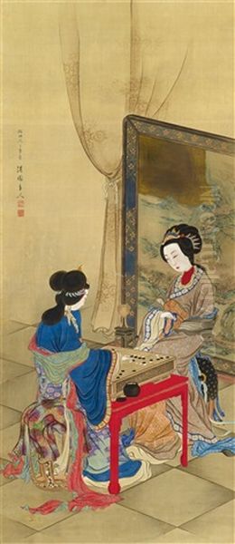 A Hanging Scroll Depicting Two Chinese Palace Ladies Playing Go Oil Painting by  Kien Yanagisawa