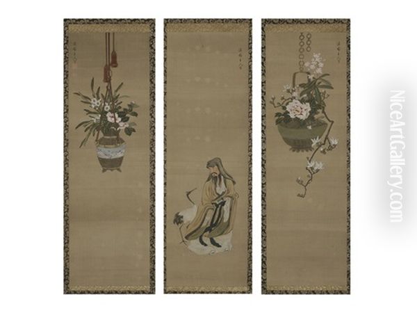 Kazukiyo Hayashi/hanging Fower Basquet (set Of 3) Oil Painting by  Kien Yanagisawa