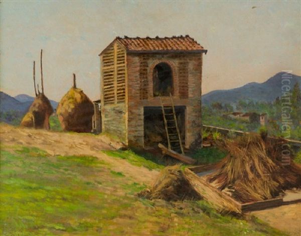 Pagliai E Fienile Oil Painting by Giorgio Kienerk