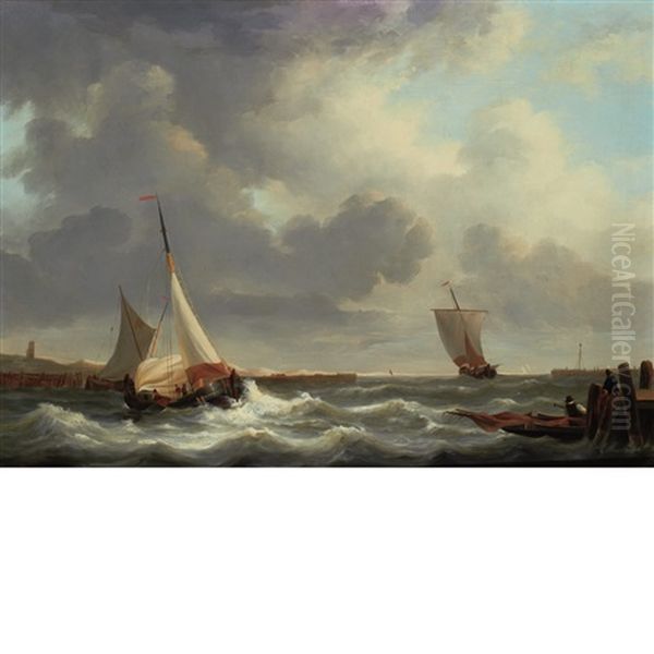 Ships Off Shore Under A Dark Sky Oil Painting by George Laurens Kiers