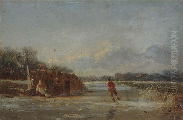 Paysage Aquatique En Hollande Anime De Patineurs A Glace Et De Figures Pres D'un Koek-en-zopie Oil Painting by George Laurens Kiers