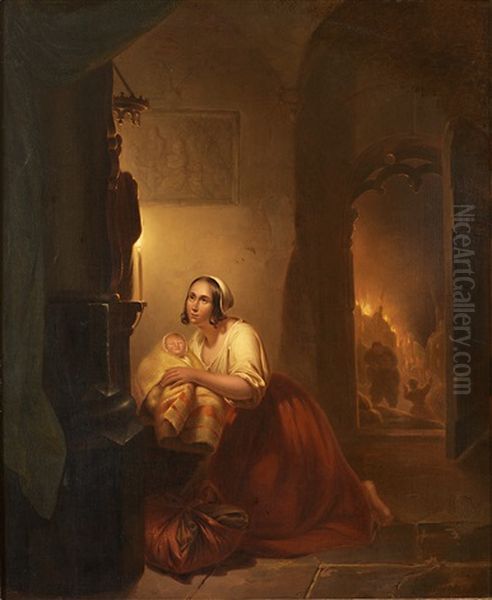 Mutter Mit Kind Und Geretteter Habe In Kirche Vor Gnadenbild, Seitlich Durchblick Auf Brennende Stadt Oil Painting by Petrus Kiers