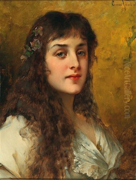 Portrait Of A Lady With Christmas Roses In Her Hair Oil Painting by Conrad Kiesel