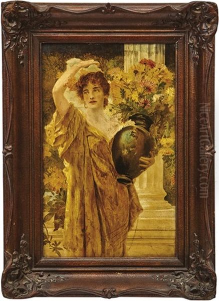 Junge Griechin Mit Blumenvase Vor Einer Saule Oil Painting by Conrad Kiesel