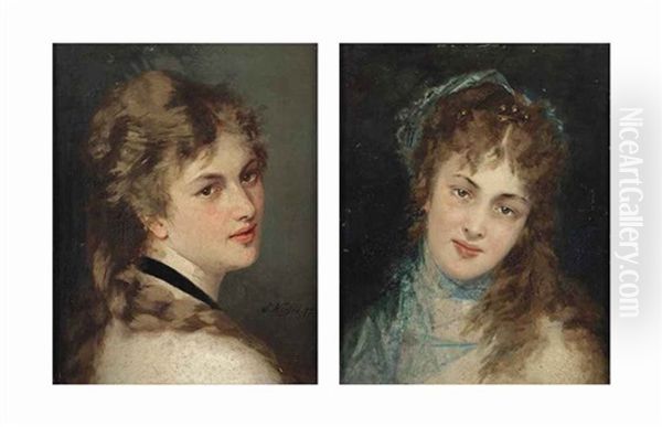 Portrait Of A Lady Wearing A Colier De Chien (and Portrait Of A Lady With A Blue Scarf; 2 Works) by Conrad Kiesel