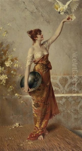 Manuela - Stehende Junge Spanierin Lockt Einen Kakadu Auf Ihre Hand by Conrad Kiesel