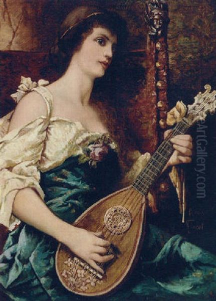 A Lady Strumming A Mandolin Oil Painting by Conrad Kiesel