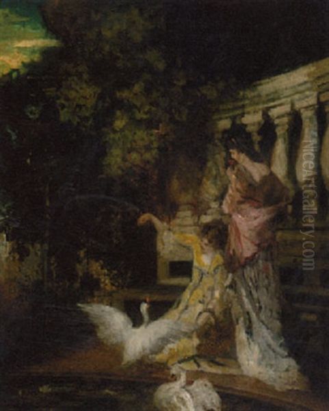 Feeding The Swans Oil Painting by Conrad Kiesel