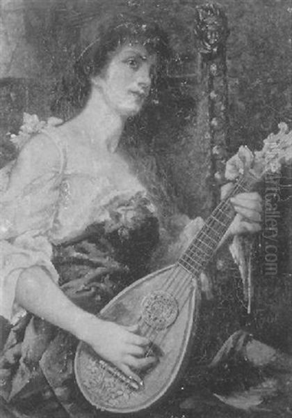 Woman Strumming A Mandolin Oil Painting by Conrad Kiesel