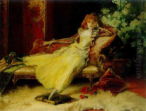 An Elegant Lady On A Chaise Lounge Oil Painting by Conrad Kiesel