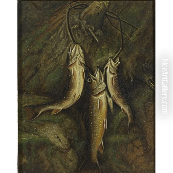 Three Trout Oil Painting by Samuel A. Kilbourne