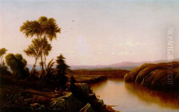 An Extensive Landscape With Three American Indians On A Cliff Oil Painting by Samuel A. Kilbourne