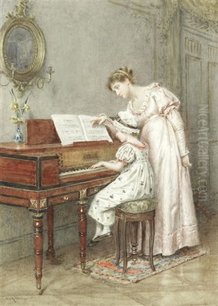 The Young Pianist; Father's Return One Oil Painting by George Goodwin Kilburne