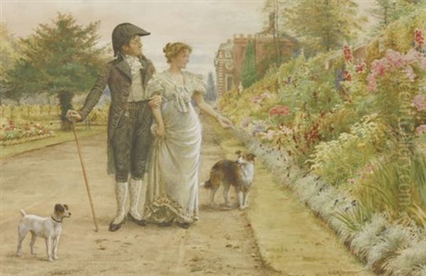 A Couple Taking A Stroll In The Gardens Of Hampton Court Palace Oil Painting by George Goodwin Kilburne