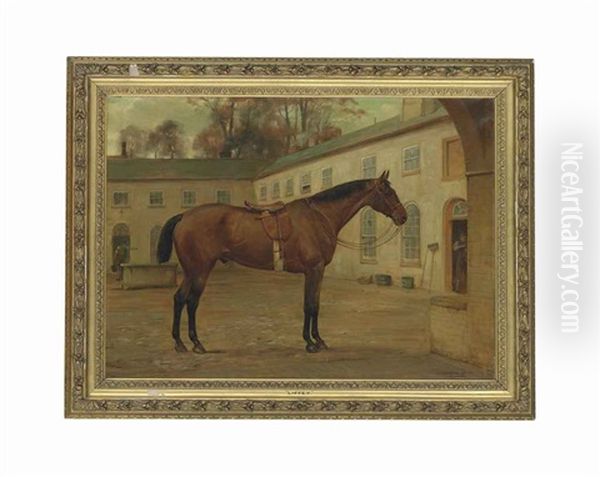 Liffey, A Saddled Hunter In A Stable Yard Oil Painting by George Goodwin Kilburne