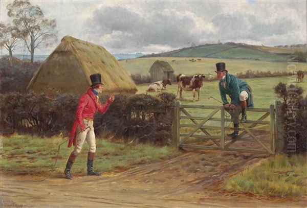 Two Gentlemen Met, Both Unhorsed In A Lane Oil Painting by George Goodwin Kilburne