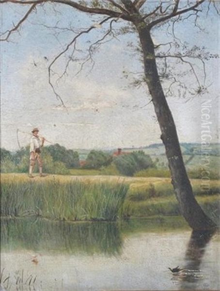 A Haymaker On A River Bank Oil Painting by George Goodwin Kilburne