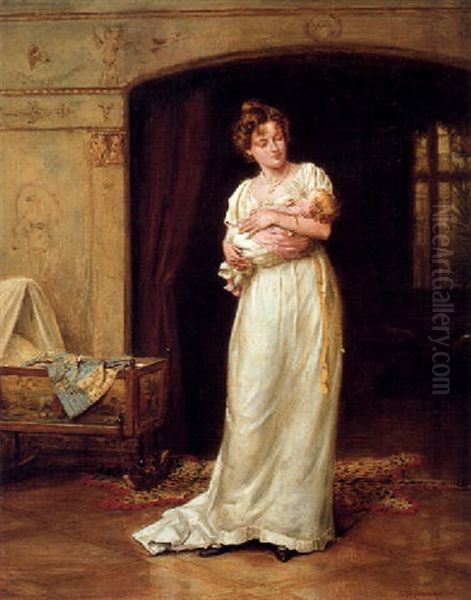 A Portrait Of The Artist's Wife With Their Baby Son Oil Painting by George Goodwin Kilburne