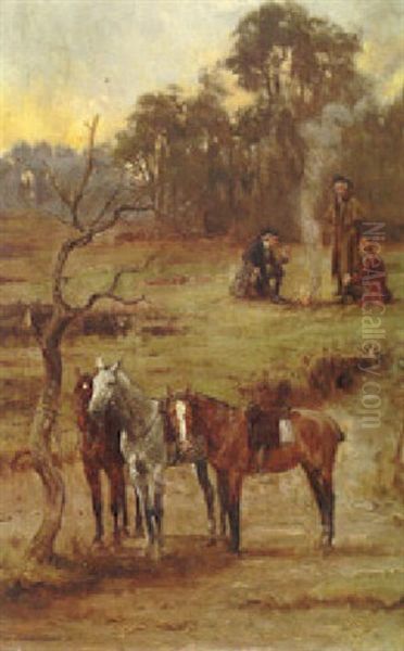 A Landscape At Dawn With Travellers By A Fire With Their Horses Tethered Oil Painting by George Goodwin Kilburne