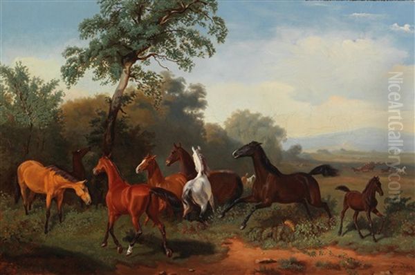 Horses In The Pasture Oil Painting by Friedrich Anton Kilp