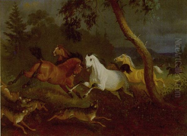 Wildpferde Von Einem Rudel Wolfe Angefallen Oil Painting by Friedrich Anton Kilp