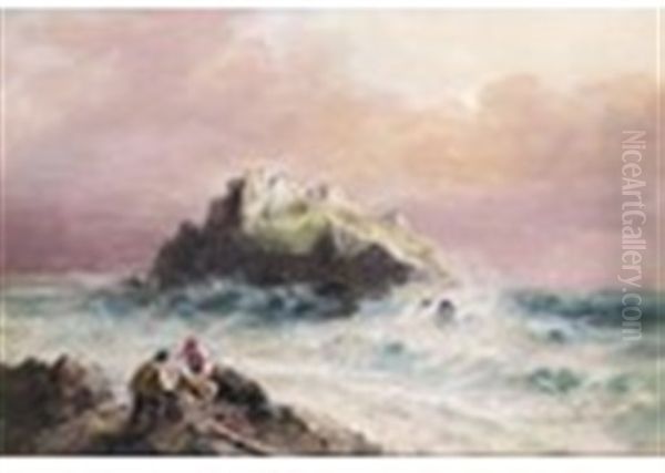 Channel Islands - Rocks Near L'etacq, Jersey; Fishermen On The Rocks B(a Pair) Oil Painting by Sarah Louise Kilpack