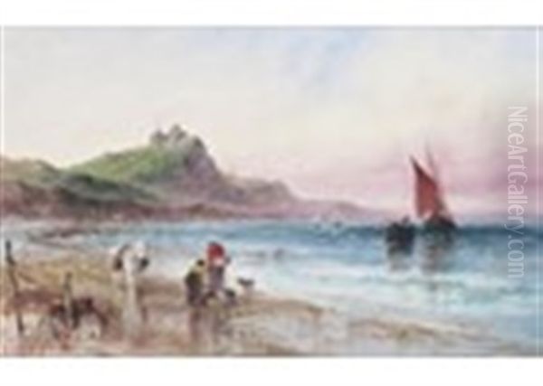 Channel Islands - A Fine Day, Roque De Ouet, Cobo, Guernsey; Figures By A Boat (a Pair) Oil Painting by Sarah Louise Kilpack