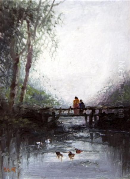 Figures On A Footbridge And In A Punt (pair) Oil Painting by Sarah Louise Kilpack