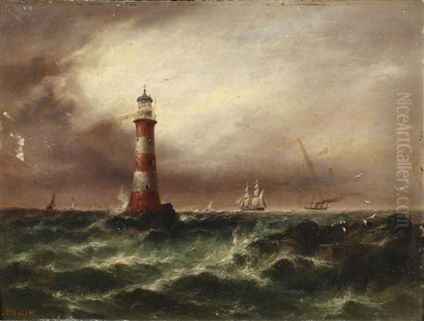 Lighthouse With Shipping In Rough Seas Oil Painting by Sarah Louise Kilpack