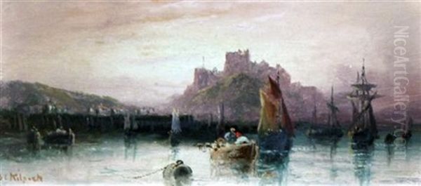 Fishing Boats With Castle Beyond Oil Painting by Sarah Louise Kilpack