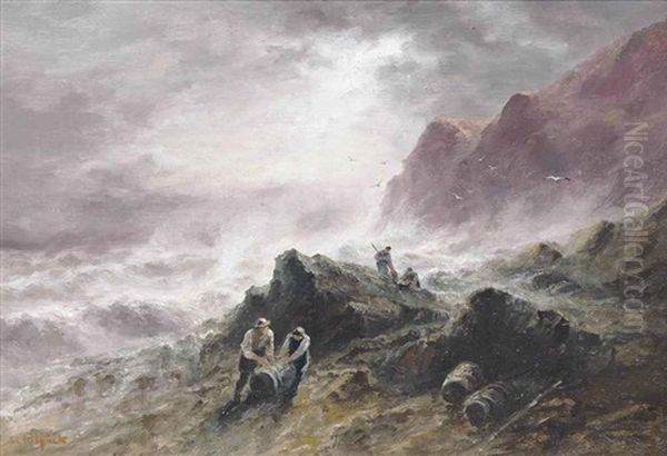 Salvagers Hauling Barrels Onto The Rocks, Jersey (+ A Cave At Plemont, Jersey; 2 Works) Oil Painting by Sarah Louise Kilpack